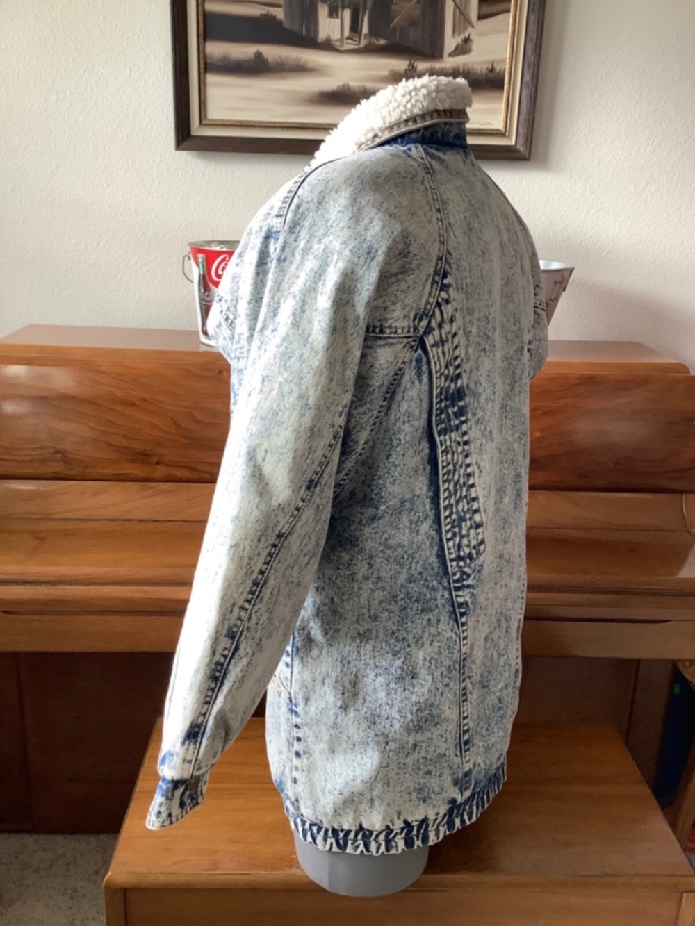 Vintage Andy Johns Woman’s ACID WASH Denim JACKET Size Medium Sherpa CHORE COAT - Picture 2 of 13